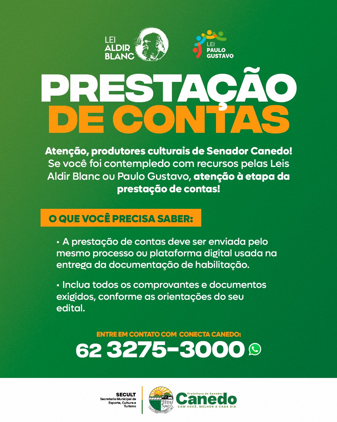 Senador Canedo inicia recebimento da prestação de contas de projetos culturais das Leis Aldir Blanc e Paulo Gustavo