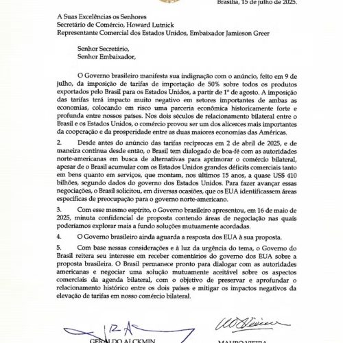Brasil reage à tarifa de 50% dos EUA e cobra negociação urgente para evitar prejuízos bilaterais