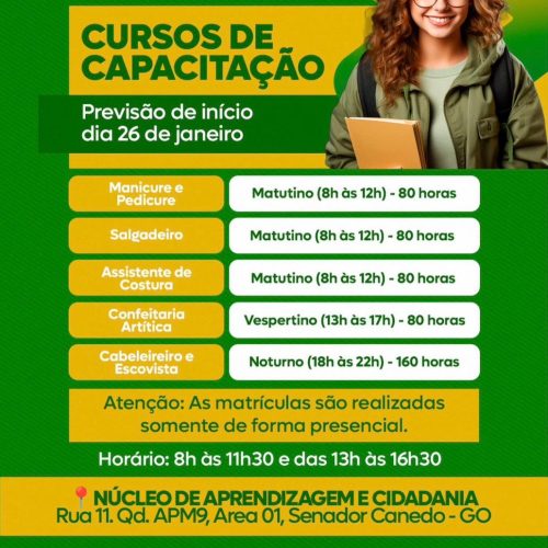 Senador Canedo oferece cursos profissionalizantes com vagas limitadas