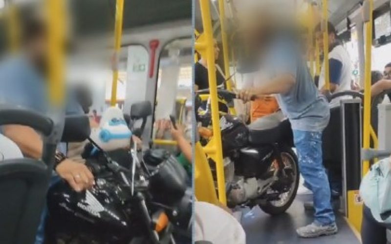Homem é flagrado entrando em ônibus de Goiânia carregando motocicleta