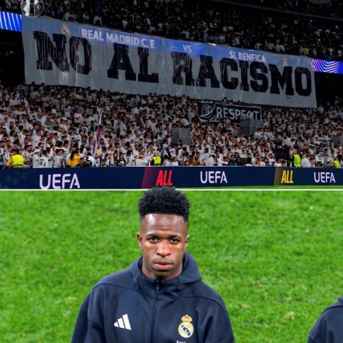 Torcida do Real Madrid exibe faixa contra racismo em apoio a Vinícius Júnior antes de jogo